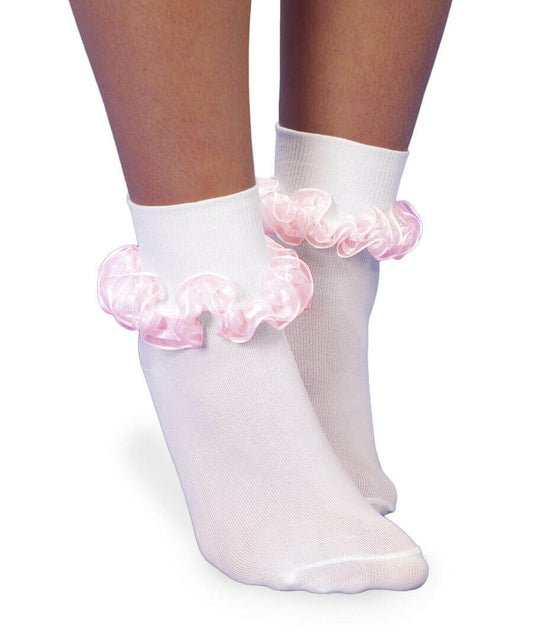 Jefferies Socks Sheer Ribbon Tutu Lace Turn Cuff Socks- White/Lt. Pink