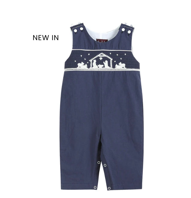 Dark Blue Nativity Smocked Overalls