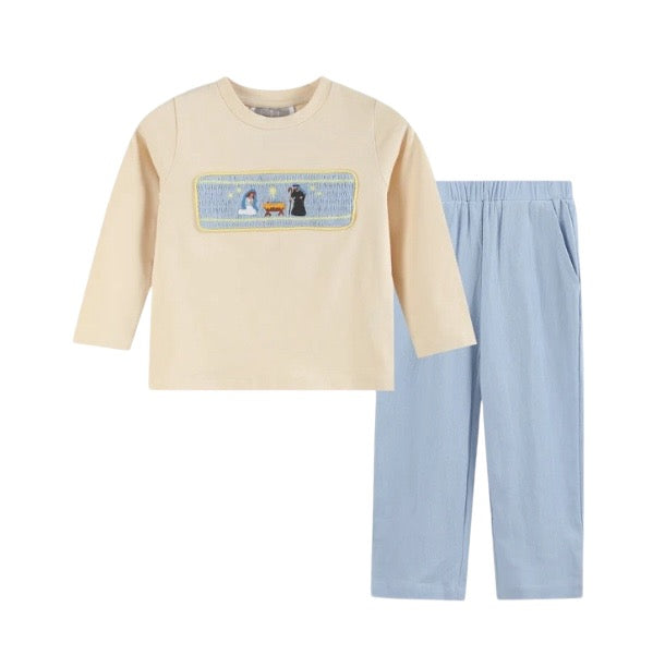 Light Brown Nativity Smocked Shirt and Blue Pants