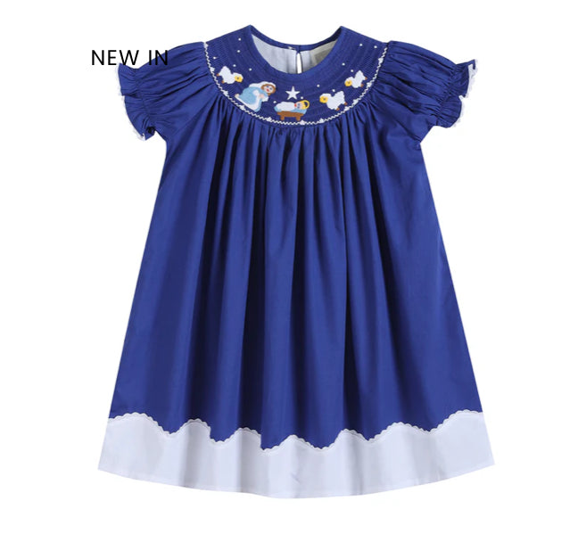 Royal Blue Christmas Nativity Smocked Bishop Dress