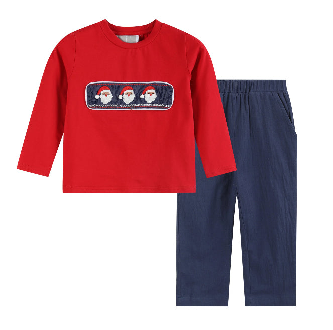 Red Santa Smocked Shirt and Navy Pants Set