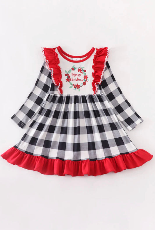 Merry christmas ruffle plaid dress