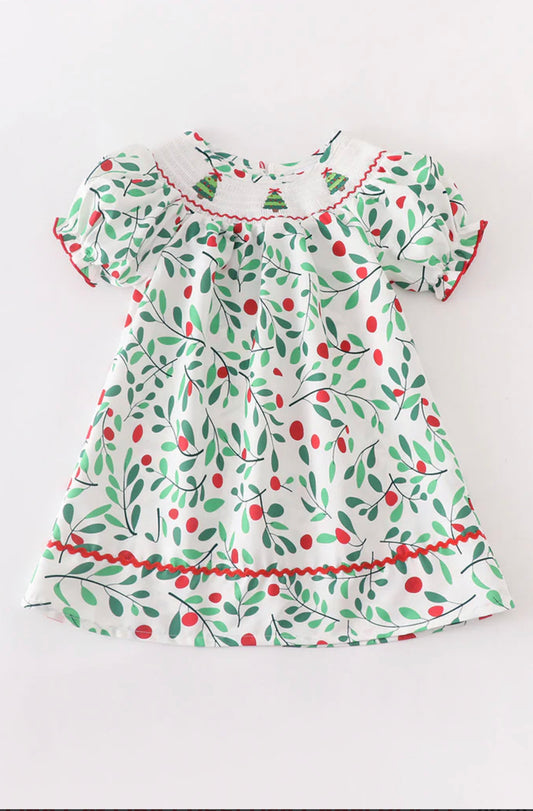 Green christmas tree embroidery smocked dress