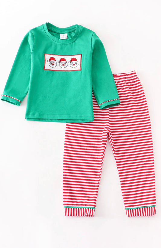 Green santa smocked stripe pajamas set