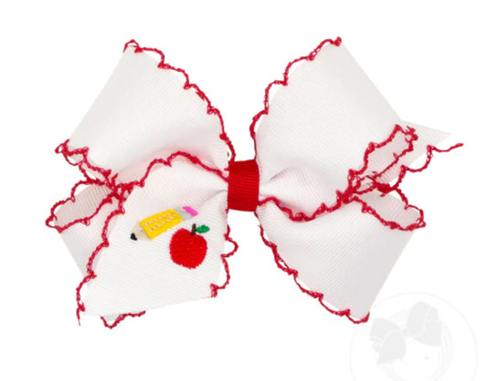 King Grosgrain Hair Bow with Red Moonstitch Edge and Pencil Embroidery