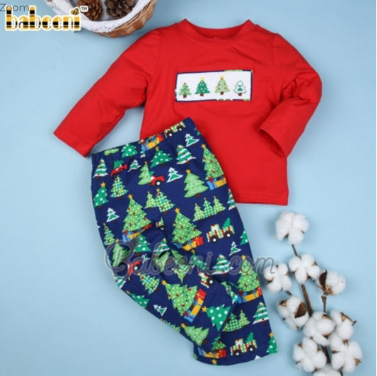 Xmas trees smocked boy set red top print bottom