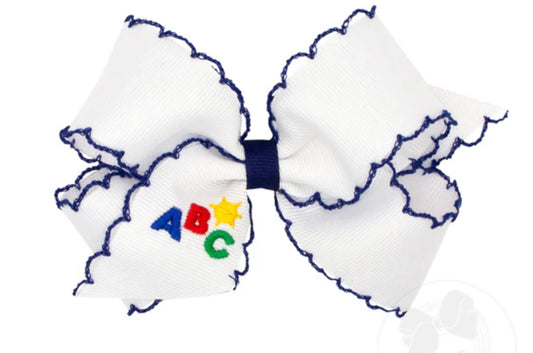 King Grosgrain Hair Bow with Blue Moonstitch Edge and ABC Embroidery