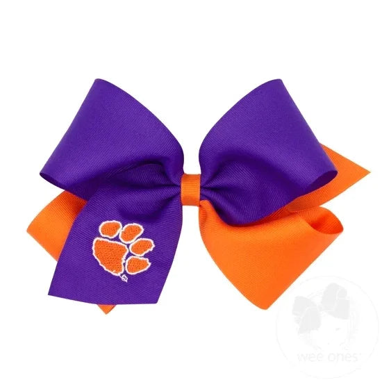 Clemson King Two-tone Grosgrain Hair Bow with Embroidered Collegiate Logo