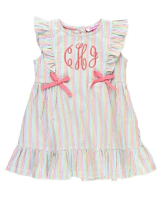 RuffleButts Rainbow Seersucker Pinafore Bow Dress